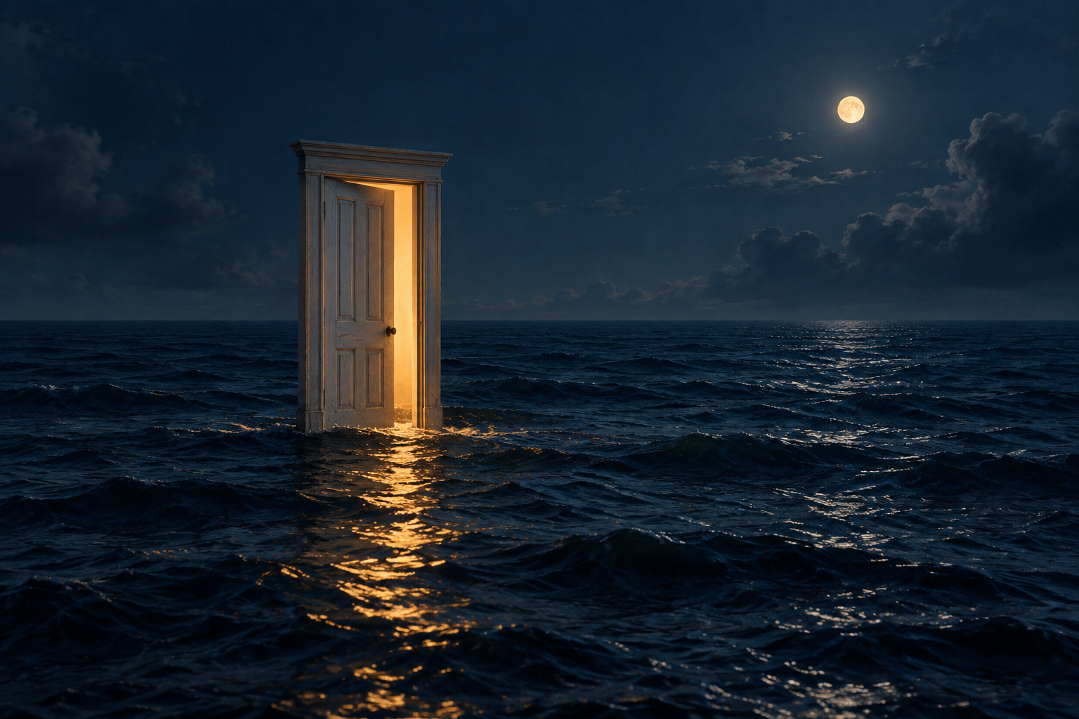 A softly glowing doorway standing in a moonlit ocean